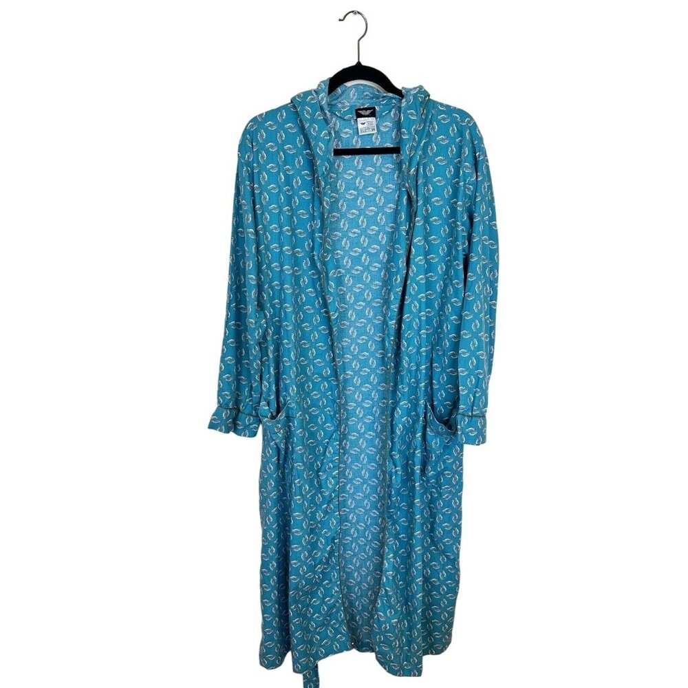 American Heaven Blue Penguin Print Cotton House Robe Medium Hood Pockets Animals